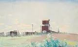 Walter J. Phillips, Grain Elevators at La Salle, Manitoba, 1931, colour wood block on paper