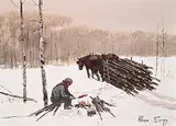 Allen Sapp, Untitled - Cooking a Rabbit, acrylic on canvas