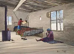 Allen Sapp, Putting Baby on the Swing, 1977, acrylic on canvas