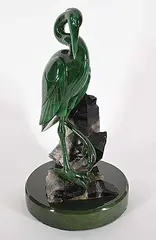 Lyle Sopel, Still Waters - Heron, green nephrite jade and black quartz sculpture