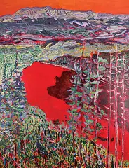 Laurel J.V. Cormack, Lake Louise / A Bloody Fine Day [Big Beehive], 1989, acrylic on canvas