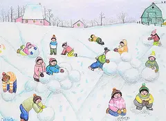 Alberto de Castro, Building a Snowfort in the Backyard, 1984, oil on wood board