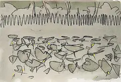 Edward William Godwin, Wild Rice, Lily Pads and Summer Breezes, hand coloured monotype on paper