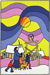 Ted Harrison, Village Bell #35/100, 1981, colour silkscreen on paper