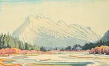 Mount Rundle In March #72/100 by Margaret Shelton, 1979, lino block in eight colours on paper, sold Apr 2025