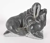 Jimmy Inaruli Arnamissak, Walrus and Seal, 1976, grey stone carving
