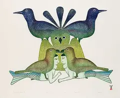 Kenojuak Ashevak, Custodians of Ancestral Lore #30/75, 1992, colour stonecut and stencil on paper