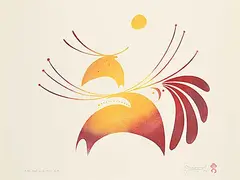 Simon Brascoupe, Elk, Owl and Sun #3/10, 1982, colour stencil on paper