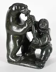 Lucassie Echalook, Untitled - Bear and Hunter, green stone carving