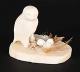 William Ekomiak, Bird and Nest [Snow Owl], 1979, bone and feather carving