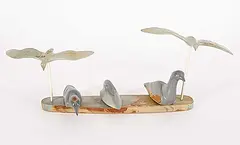 Seemee Kanayuk, Bird Scene, 1980, grey and brown stone carving
