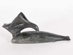 Untitled - Bird Eating Char by Naulaq Kanayuk, grey stone carving, sold Mar 2025