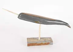 Pauloosie Kanjo, Single Narwhal on Base, green and brown stone and bone carving