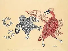 Agnes Nanogak, Owl and Crane #11/50, 1974, colour stonecut on paper