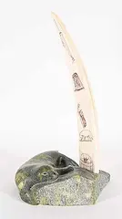 Kov Pava, Untitled - Walrus and Inuit Life Scrimshaw, bone and green stone carving