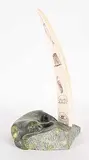 Kov Pava, Untitled - Walrus and Inuit Life Scrimshaw, bone and green stone carving