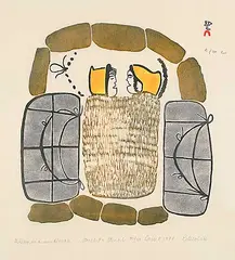 Pitseolak Ashoona, Asleep in a Windbreak #30/50, 1977, colour stonecut and stencil on paper