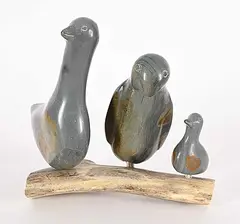 Annie Saituk, Three Birds on Antler, 1978, grey and brown stone and bone carving