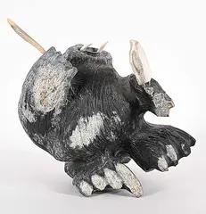 Wayne Puqiqnak, Untitled - Walrus Drummer, grey stone and bone carving