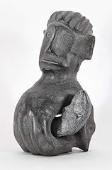 Peter Sevoga, Untitled - Man Holding Fish, grey stone carving