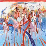 Janice Iniskim-Aki Tanton, When Five Shields Crossed the Red Line, 2017, oil on wood board