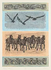Dora Helen Mackie, Hawks and Horses #10/22, colour etching on paper