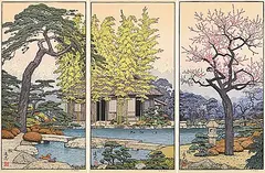Tōshi Yoshida, The Garden of the Three Friends [Triptych], 1980, colour wood block on paper