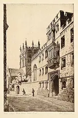 Sybil Andrews, Oxford [Corpus Christie College and Merton Chapel], etching on paper