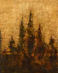 Afforest 4 by Kim Bruce, 2005, encaustic and oil on wood board, sold Dec 2024