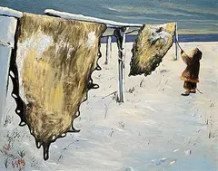 Gabriel Joseph Gely, Untitled - Tanning Hides, 1973, oil on canvas board