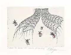 C Adrift the Tartan Time Tunnel #P.P. [Unique] by Edward William Godwin, hand coloured etching on paper, sold Dec 2024