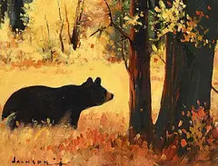 John R. Jackson, Fall Black Bear, Route II Alta, acrylic on canvas board