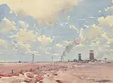 Alfred Crocker Leighton, Elevators, Southern Alberta, watercolour on paper