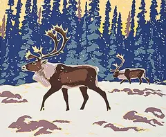 Thoreau MacDonald, Caribou in Winter, 1930, colour silkscreen on paper