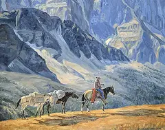 Jack Lee McLean, Mt. Assiniboine Above Cerulean Lake, Rider and Two Pack Horses, oil on wood board