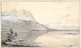 John, William Sproston Pedder & Caine, The Bow River Leaving the Rocky Mountains at the Gap Near Calgary, Canada, watercolour and gouache on paper