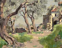 Inglis Sheldon-Williams, Untitled - Road Into Town, 1928, oil on canvas board