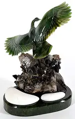 Lyle Sopel, Spring Call - Canada Goose, green nephrite jade, black quartz and alabaster sculpture