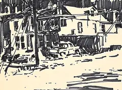Lawrence Washburn, Untitled - Downtown Scene, felt pen and graphite on paper