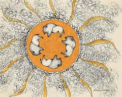 Kenneth Benjamin Chee Chee, Sun and Four Buffalo, 1973, ink and acrylic on paper