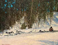 Frank Johnston, Time Out on the Trail, oil on wood board