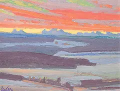 West of Priddis by Illingworth Kerr, 1978, oil on wood board, sold Nov 2024