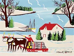 Maud Lewis, Untitled - Oxen Pulling Logs, enamel on paper board