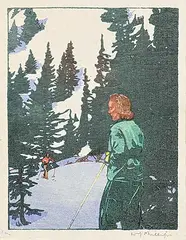 Walter J. Phillips, Ski Trail, 1945, colour wood block on paper