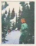 Walter J. Phillips, Ski Trail, 1945, colour wood block on paper