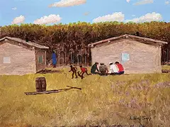 Allen Sapp, Men Playing Cards, acrylic on canvas
