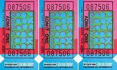 Andy Warhol, Lincoln Center Ticket #90, #91 and #93/200, 1967, colour silkscreens on opaque acrylic sheets