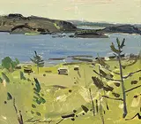 George Lorne Holland Bouchard, Algoma District [Lake on Route 17 from Sudbury, Ontario], 1960, oil on wood board