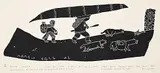 Davidialuk Alasua Amittu, Inuit Traverse the Lake with Dogs Carrying Meat and Tent Poles #20/40, 1977, stonecut on paper
