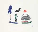 Lucy Amarualik, While Hunting a Man Makes Shelter for the Night #6/30, 1973, colour stonecut on paper